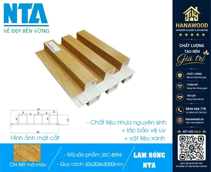 Tấm Ốp Lam 3 Sóng Cao Nhựa Giả Gỗ NTA 3SC-8594