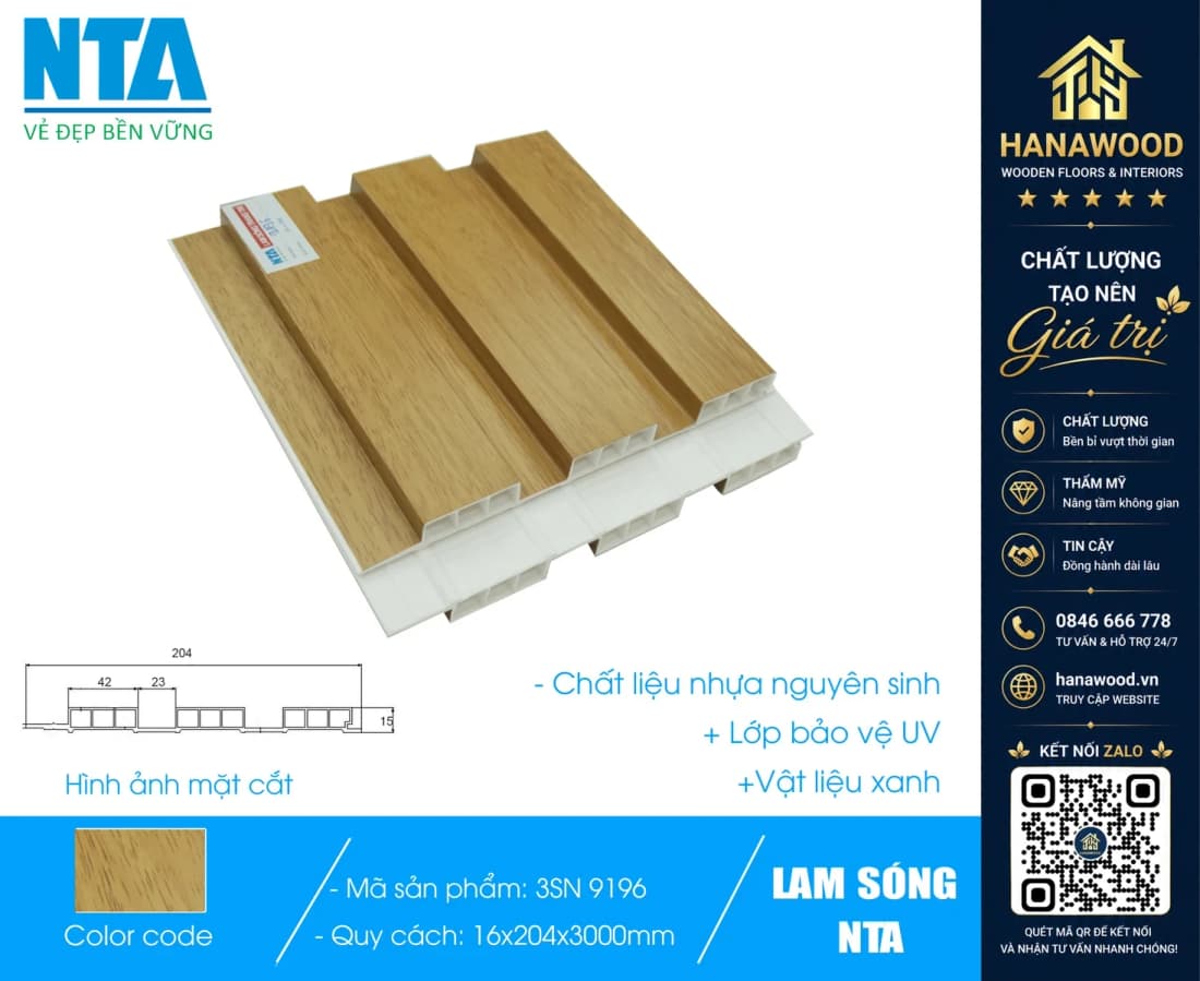 Tấm Ốp Lam 3 Sóng Thấp Nhựa Giả Gỗ NTA 9196