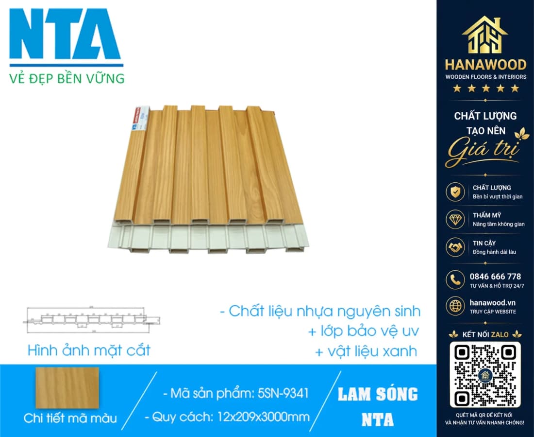 Tấm Ốp Lam 5 Sóng Thấp Nhựa Giả Gỗ NTA 5SN-9341