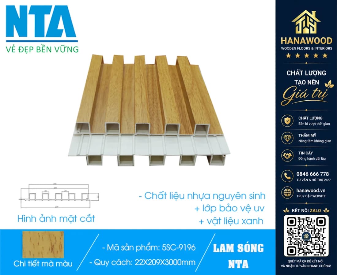 Tấm Ốp Lam 5 Sóng Cao Nhựa Giả Gỗ NTA 5SC-9196