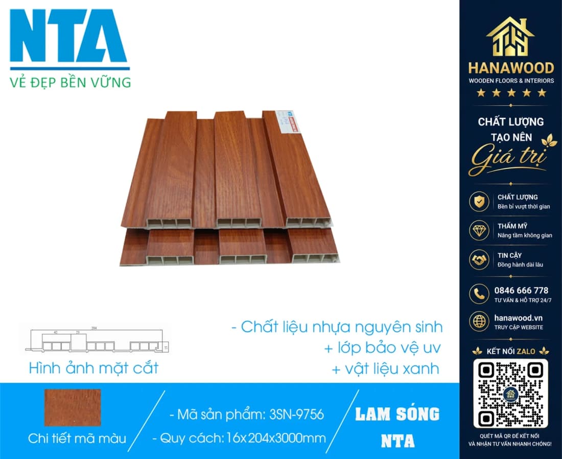 Tấm Ốp Lam 3 Sóng Thấp Nhựa Giả Gỗ NTA 9756