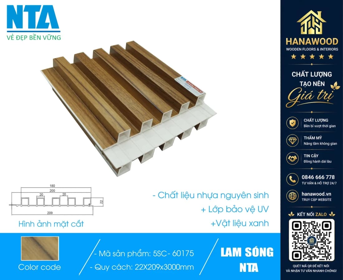 Tấm Ốp Lam 5 Sóng Cao Nhựa Giả Gỗ NTA 5SC-60175