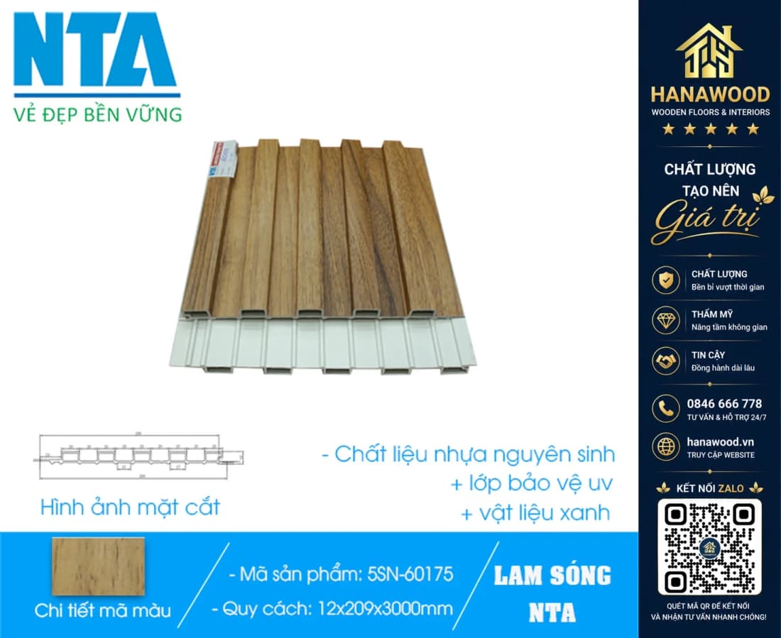 Tấm Ốp Lam 5 Sóng Thấp Nhựa Giả Gỗ NTA 5SN-60175