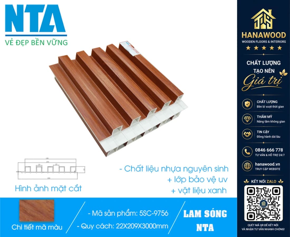 Tấm Ốp Lam 5 Sóng Cao Nhựa Giả Gỗ NTA 5SC-9756