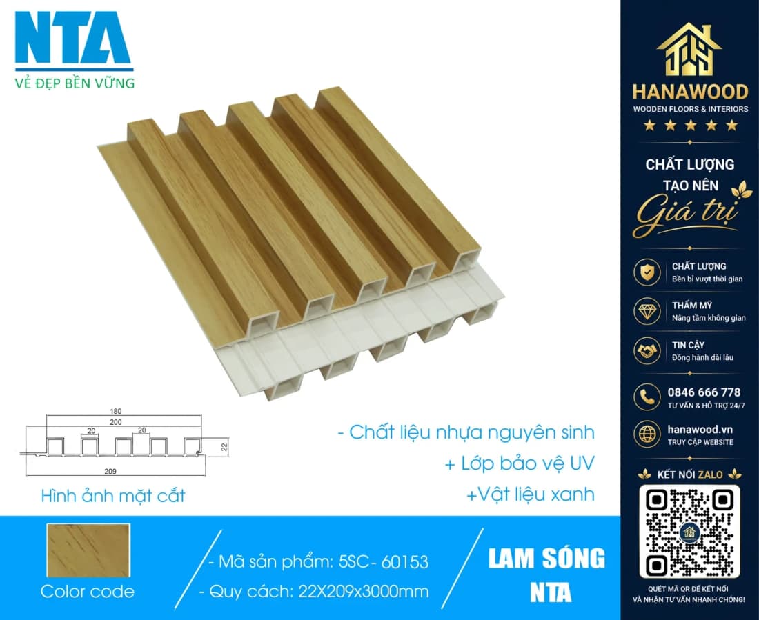 Tấm Ốp Lam 5 Sóng Cao Nhựa Giả Gỗ NTA 5SC-60153