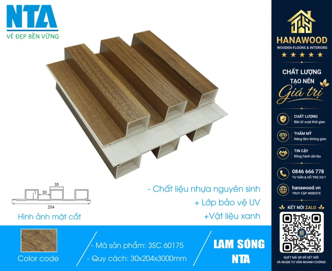 Tấm Ốp Lam 3 Sóng Cao Nhựa Giả Gỗ NTA 3SC-60175