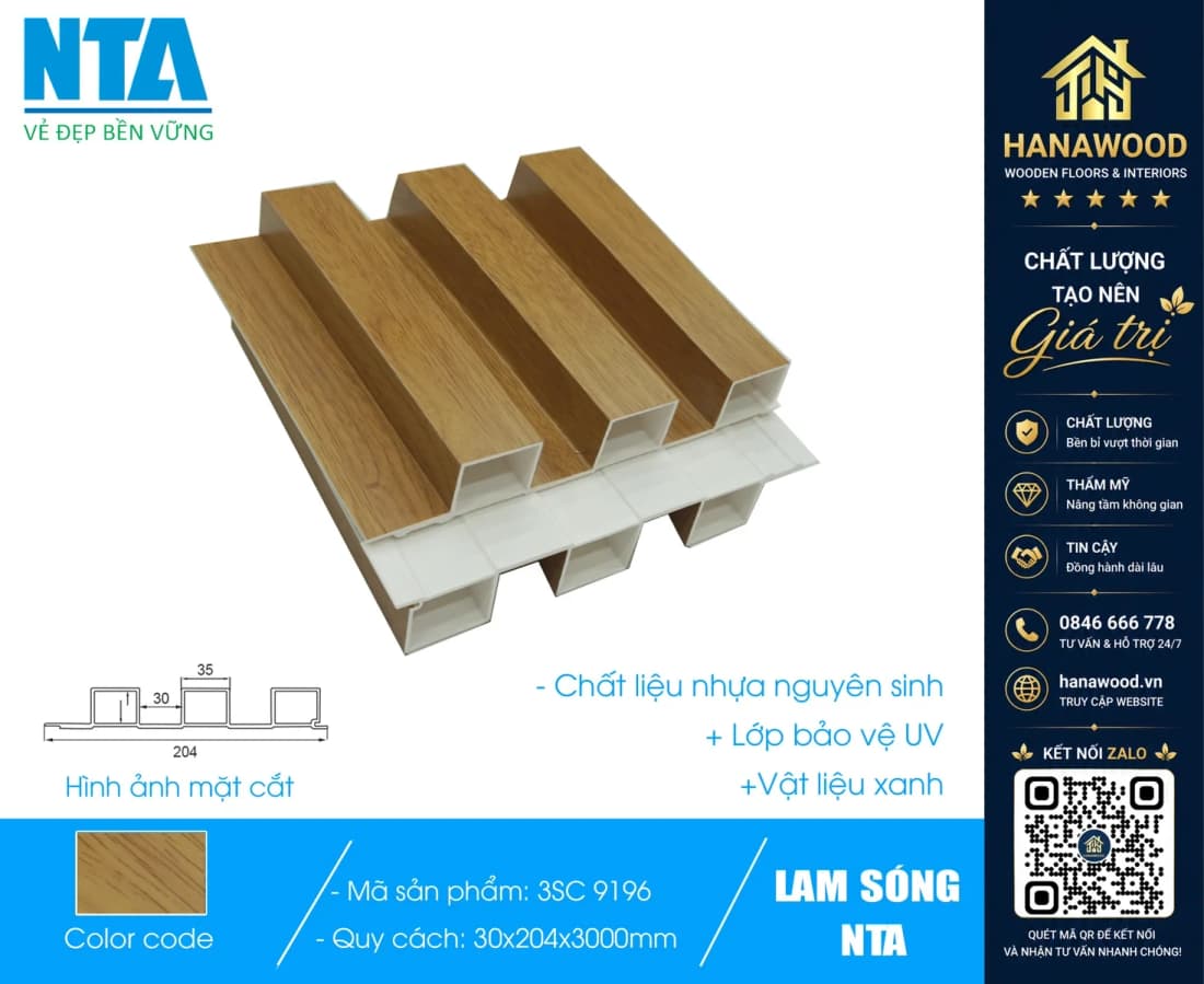 Tấm Ốp Lam 3 Sóng Cao Nhựa Giả Gỗ NTA 3SC-9196