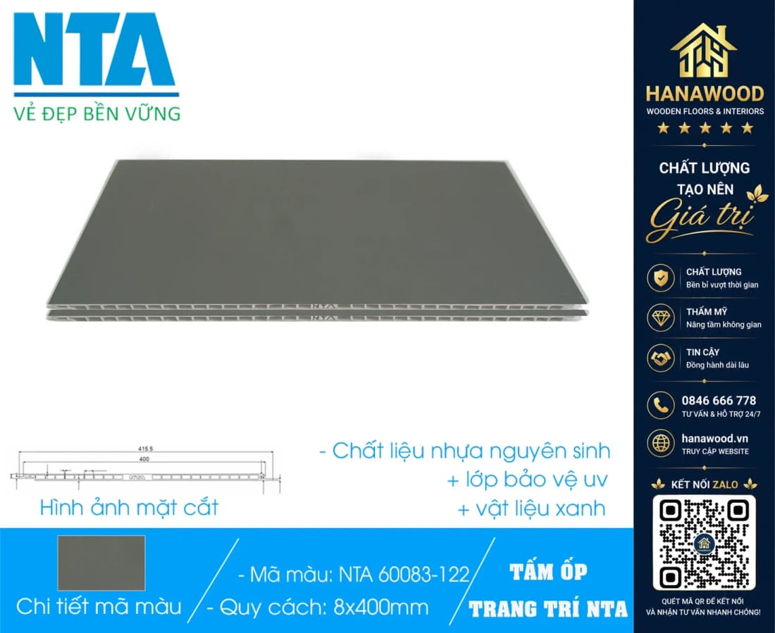 Tấm Nhựa Ốp Tường Nano Màu Xám Trơn NTA 60083-122
