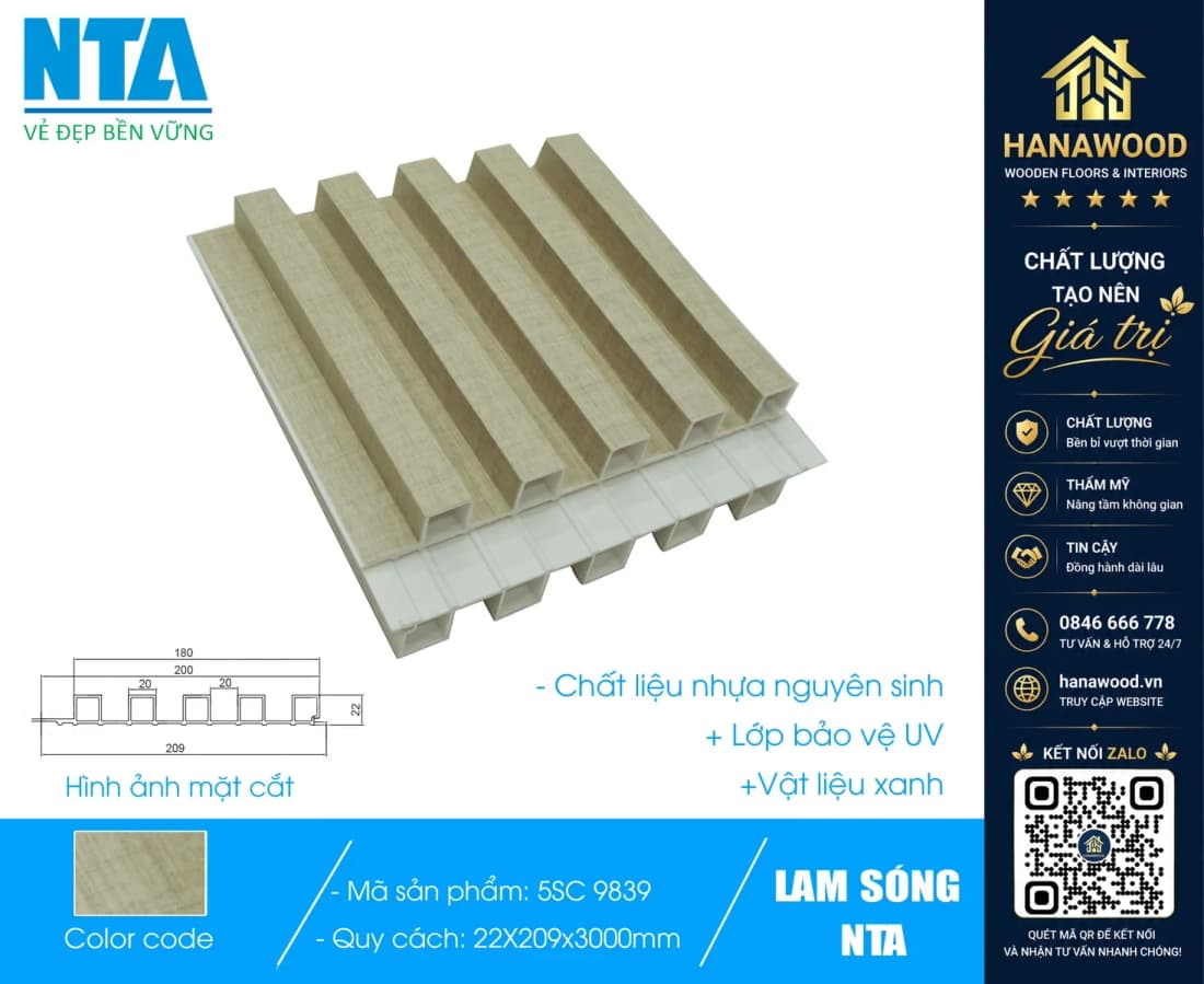 Tấm Ốp Lam 5 Sóng Cao Nhựa Vân Vải NTA 5SC-9839
