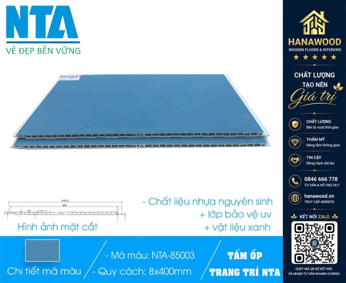 Tấm Nhựa Ốp Tường Nano Màu Xanh Dương Trơn NTA 85003
