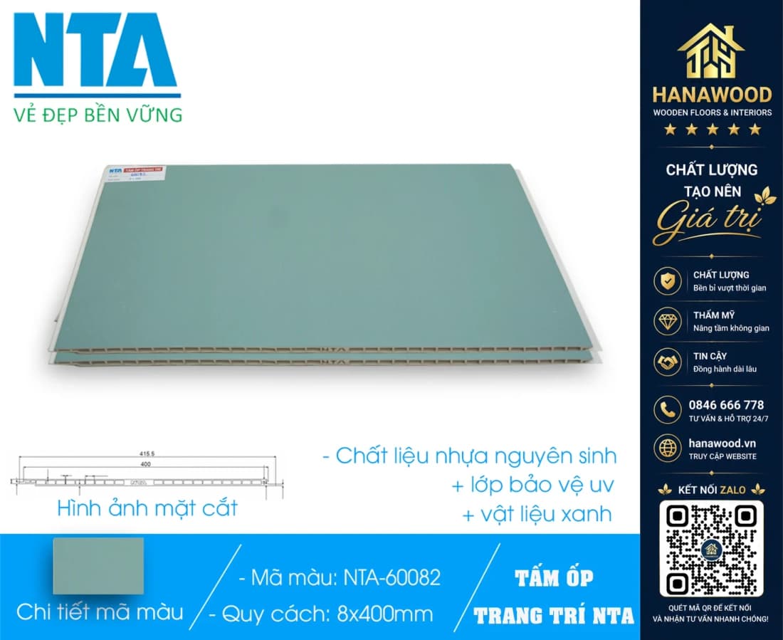 Tấm Nhựa Ốp Tường Nano Màu Xanh Nhạt Trơn NTA 60082-122