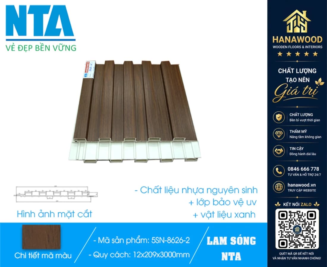 Tấm Ốp Lam 5 Sóng Thấp Nhựa Giả Gỗ NTA 5SN-8626