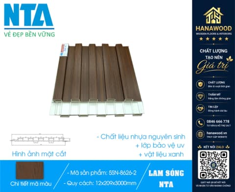 Tấm Ốp Lam 5 Sóng Thấp Nhựa Giả Gỗ NTA 5SN-8626