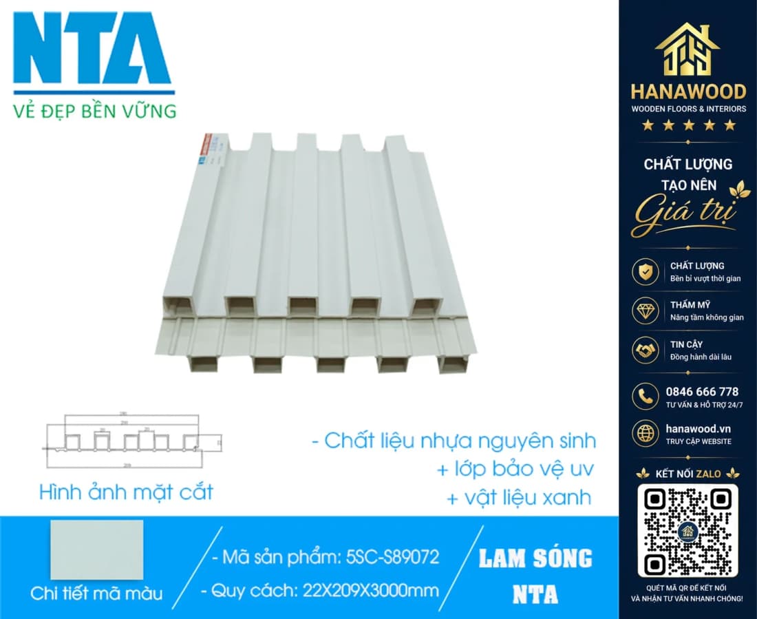 Tấm Ốp Lam 5 Sóng Cao Nhựa Màu Trắng Trơn NTA 5SC-89072-210