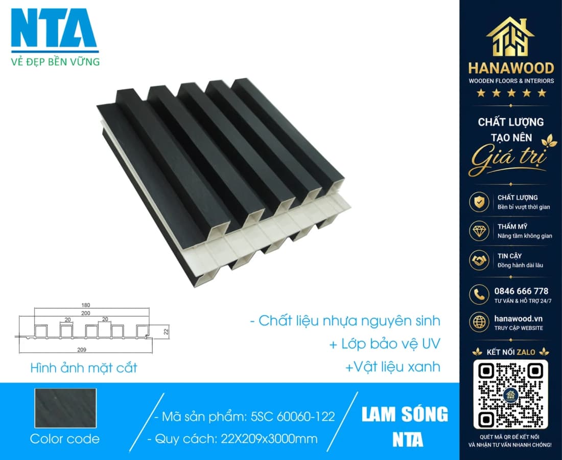 Tấm Ốp Lam 5 Sóng Cao Nhựa Màu Đen Trơn NTA 5SC-60060-122