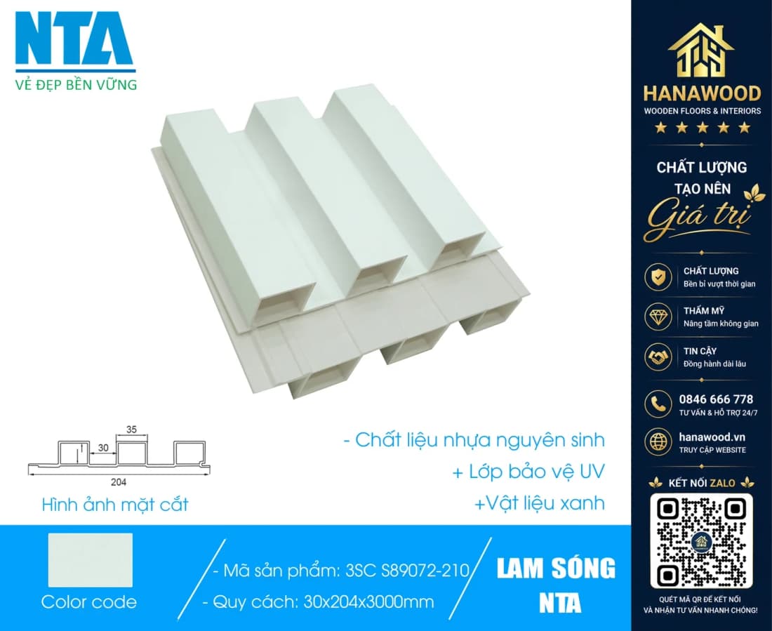 Tấm Ốp Lam 3 Sóng Cao Nhựa Màu Trắng Trơn NTA 3SC-89072
