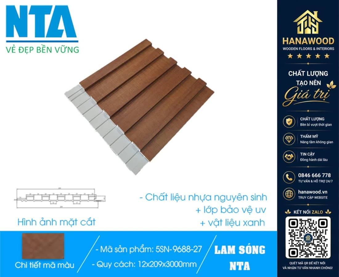 Tấm Ốp Lam 5 Sóng Thấp Nhựa Giả Gỗ NTA 5SN-9688-27