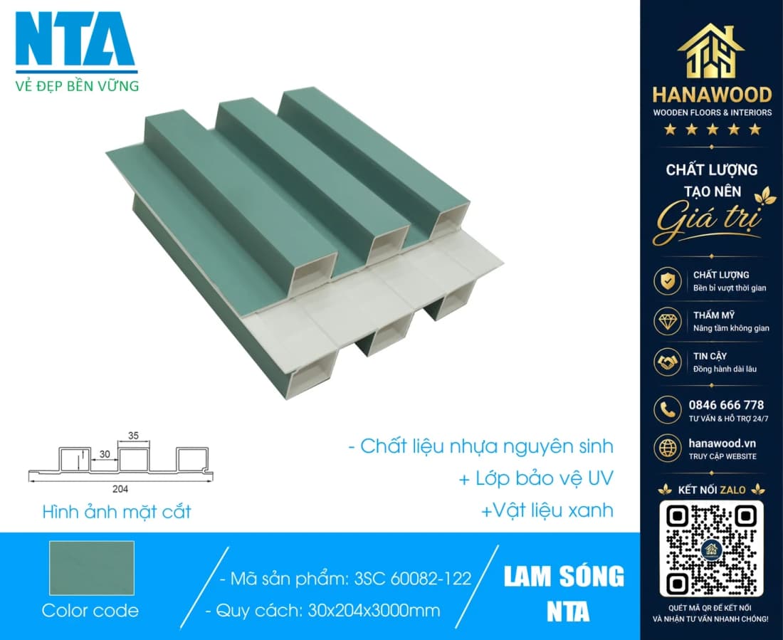 Tấm Ốp Lam 3 Sóng Cao Nhựa Màu Xanh Nhạt Trơn NTA 3SC-60082-122