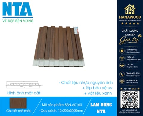 Tấm Ốp Lam 5 Sóng Thấp Nhựa Giả Gỗ NTA 5SN-60160