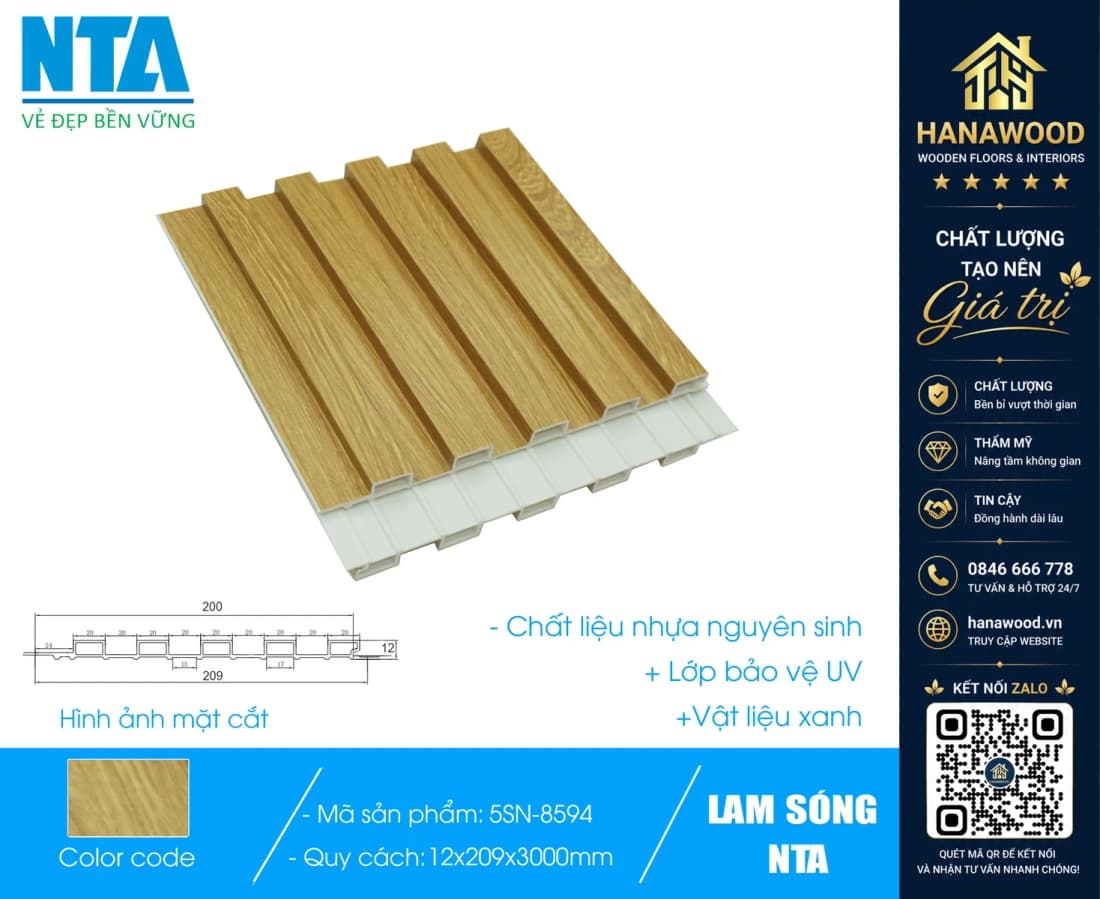 Tấm Ốp Lam 5 Sóng Thấp Nhựa Giả Gỗ NTA 5SN-8594