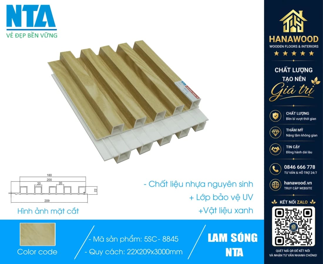 Tấm Ốp Lam 5 Sóng Cao Nhựa Giả Gỗ NTA 5SC-8845
