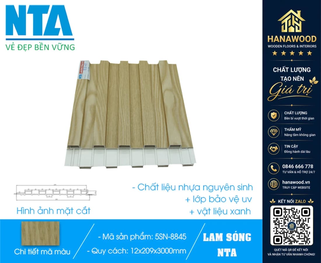 Tấm Ốp Lam 5 Sóng Thấp Nhựa Giả Gỗ NTA 5SN-8845