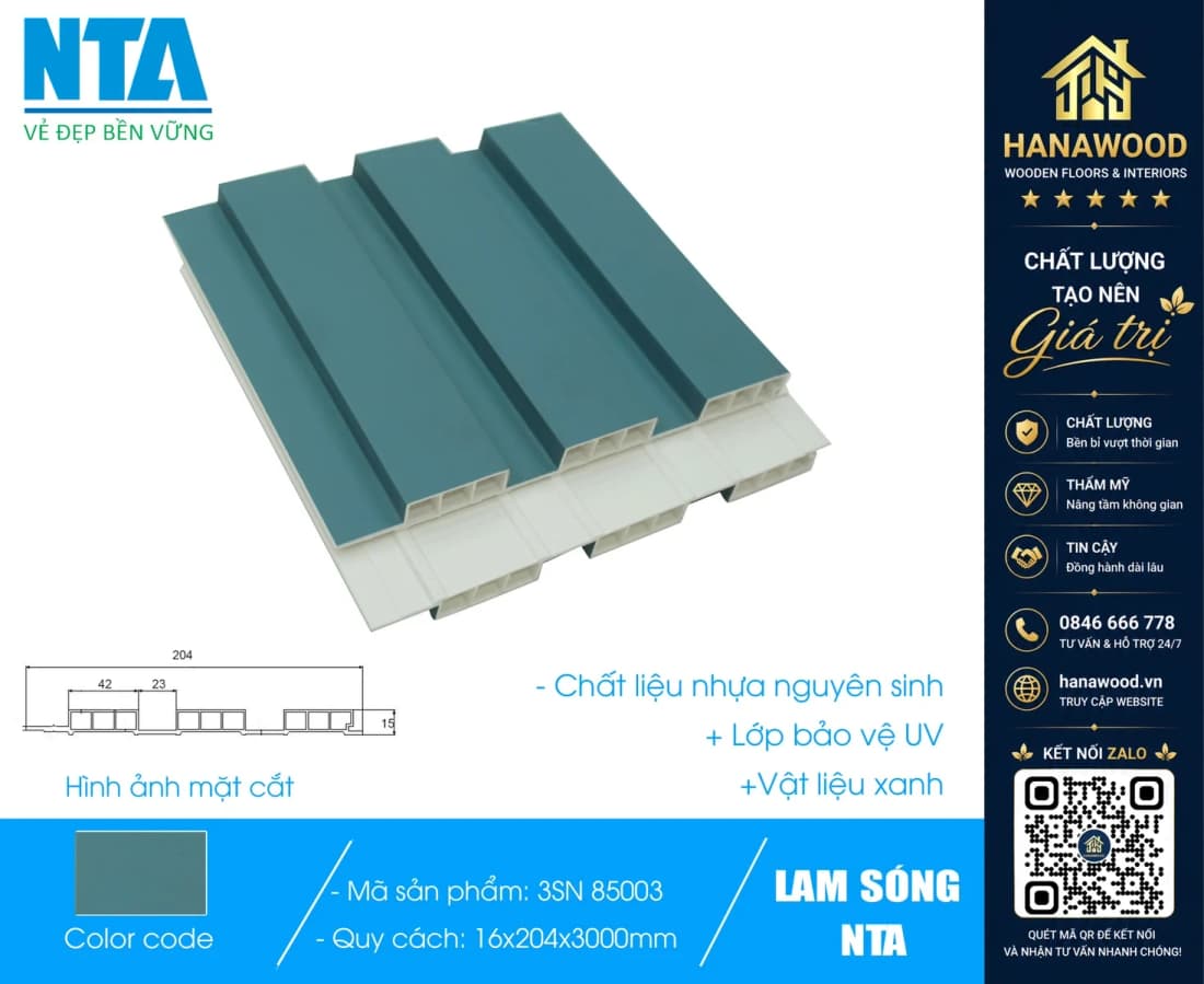 Tấm Ốp Lam 3 Sóng Thấp Nhựa Màu Xanh Dương Trơn NTA 85003