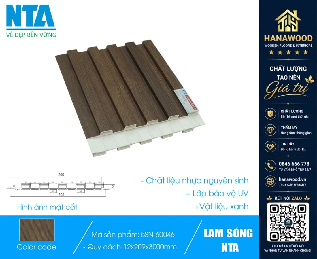 Tấm Ốp Lam 5 Sóng Thấp Nhựa Giả Gỗ NTA 5SN-60046
