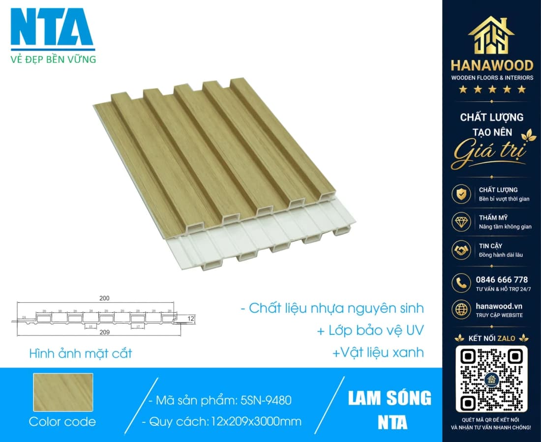 Tấm Ốp Lam 5 Sóng Thấp Nhựa Giả Gỗ NTA 5SN-9480
