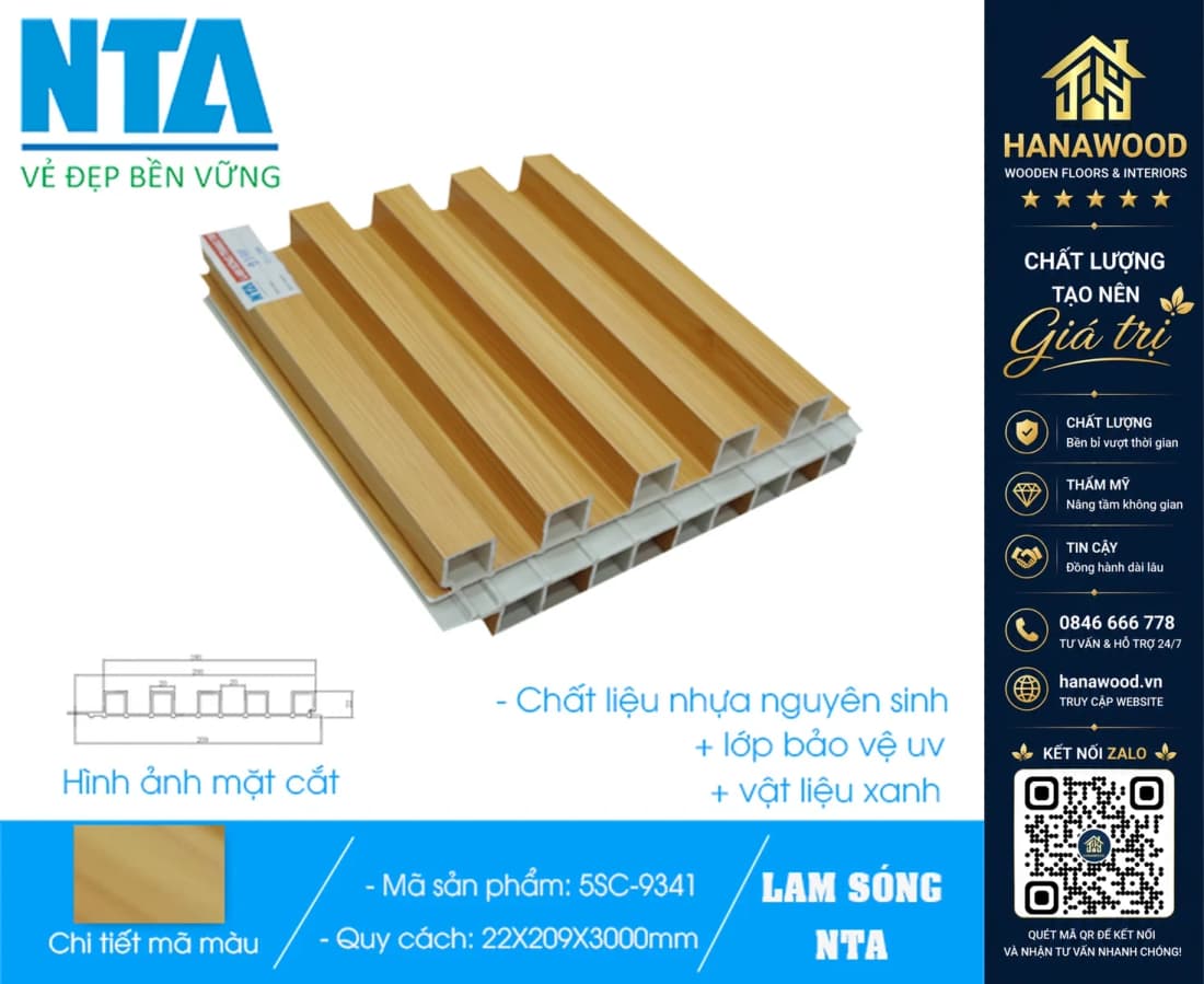 Tấm Ốp Lam 5 Sóng Cao Nhựa Giả Gỗ NTA 5SC-9341