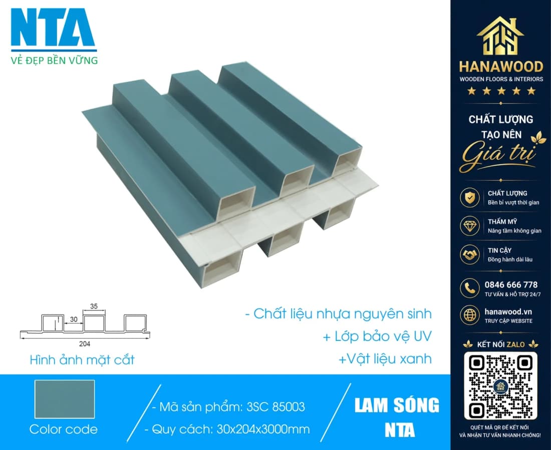 Tấm Ốp Lam 3 Sóng Cao Nhựa Màu Xanh Dương Trơn NTA 3SC-85003