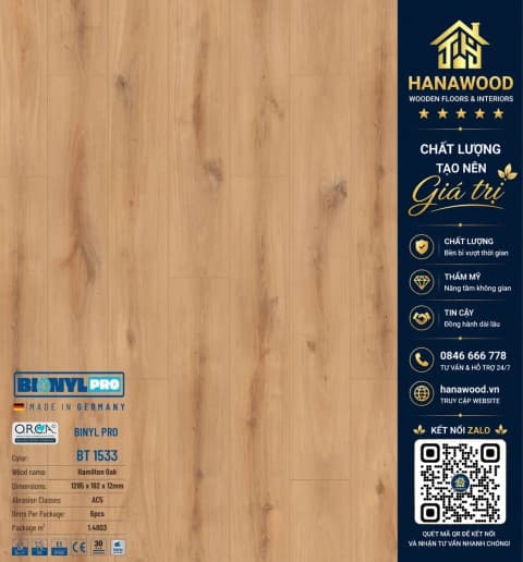 Sàn Gỗ Công Nghiệp Binyl Pro BT1533 dày 12mm