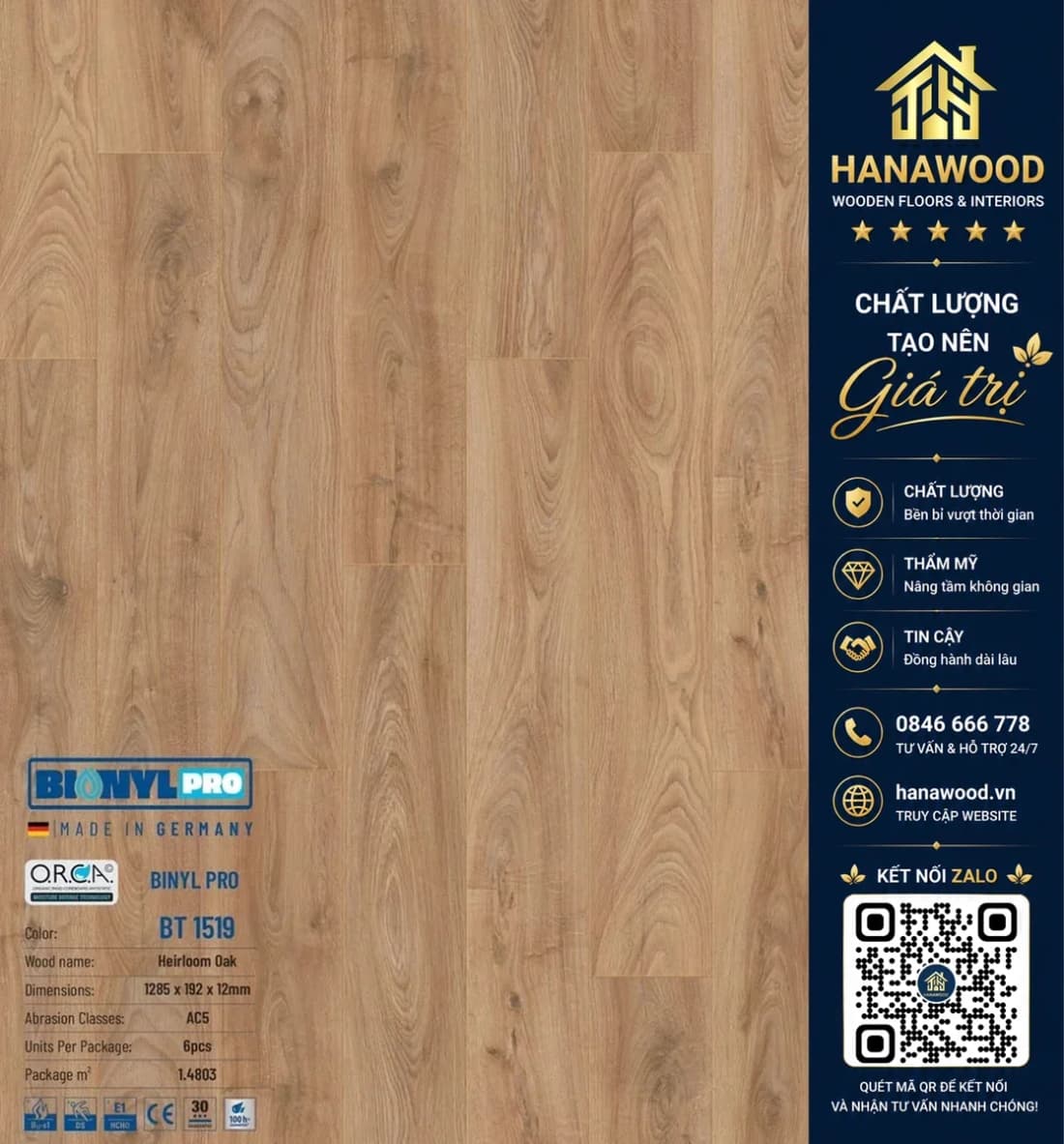Sàn Gỗ Công Nghiệp Binyl Pro BT1519 dày 12mm