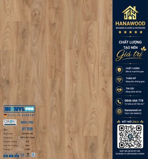 Sàn Gỗ Công Nghiệp Binyl Pro BT1519 dày 12mm