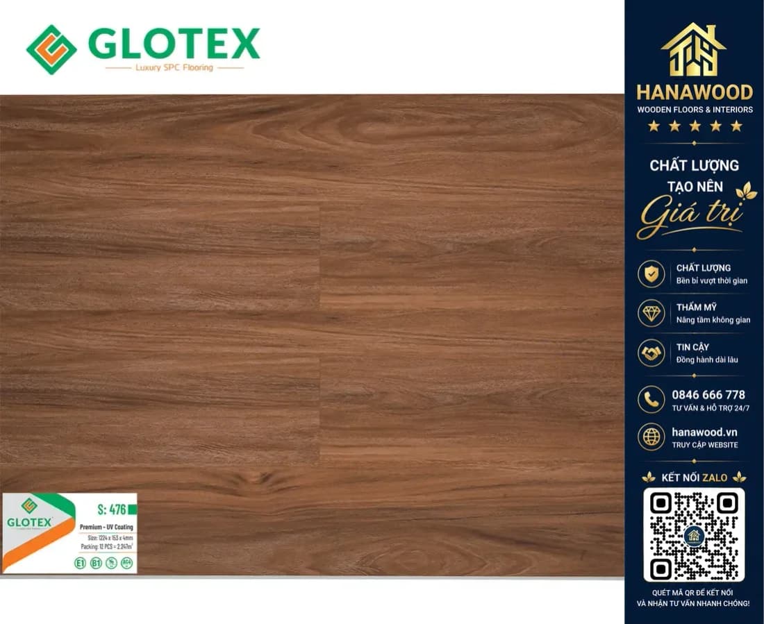 Sàn Nhựa Giả Gỗ Hèm Khóa 4mm Glotex 476