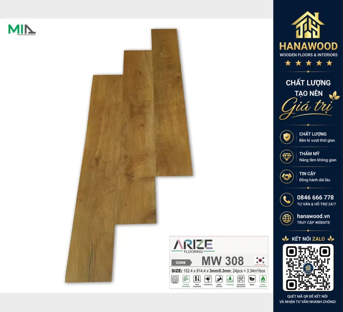 Hình ảnh Sàn Nhựa Vinyl Giả Gỗ Dán Keo ARIZE MW308 Dày 3mm