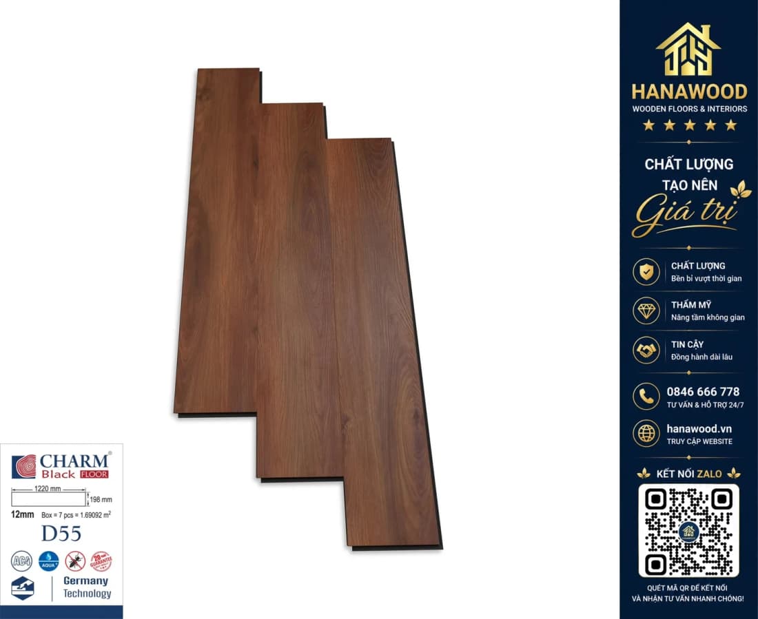 Sàn Gỗ Công Nghiệp Charmwood D55 Dày 12mm