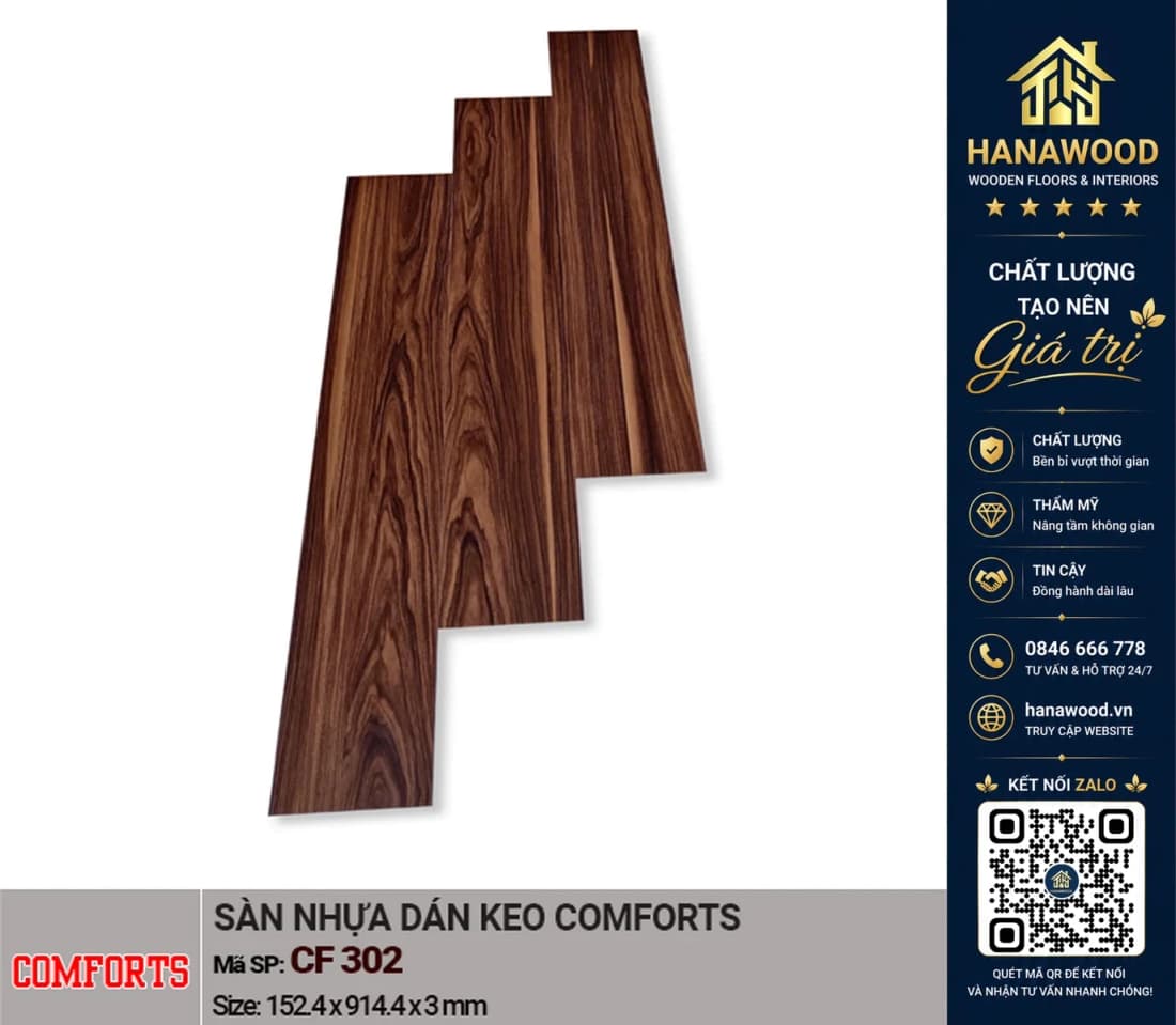 Sàn Nhựa Vinyl Dán Keo Giả Gỗ Comforts CF302 Dày 3mm