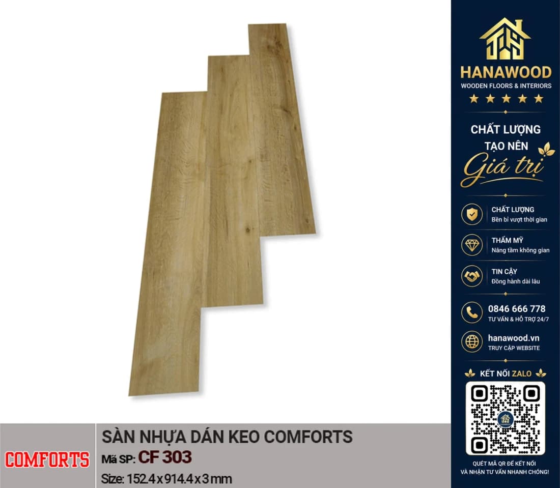 Sàn Nhựa Dán Keo Vân Gỗ Comforts CF303 Dày 3mm