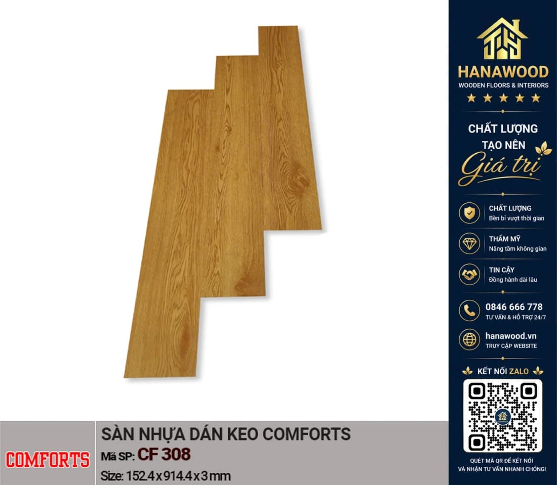 Sàn Nhựa Vinyl Giả Gỗ Dán Keo Comforts CF308 Dày 3mm