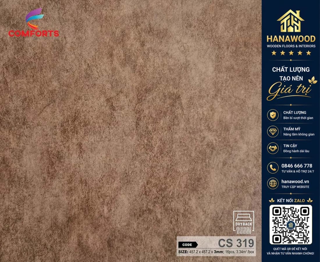 Sàn Nhựa Giả Gỗ Dán Keo Giả Vân Đá Comforts CS319 Dày 3mm
