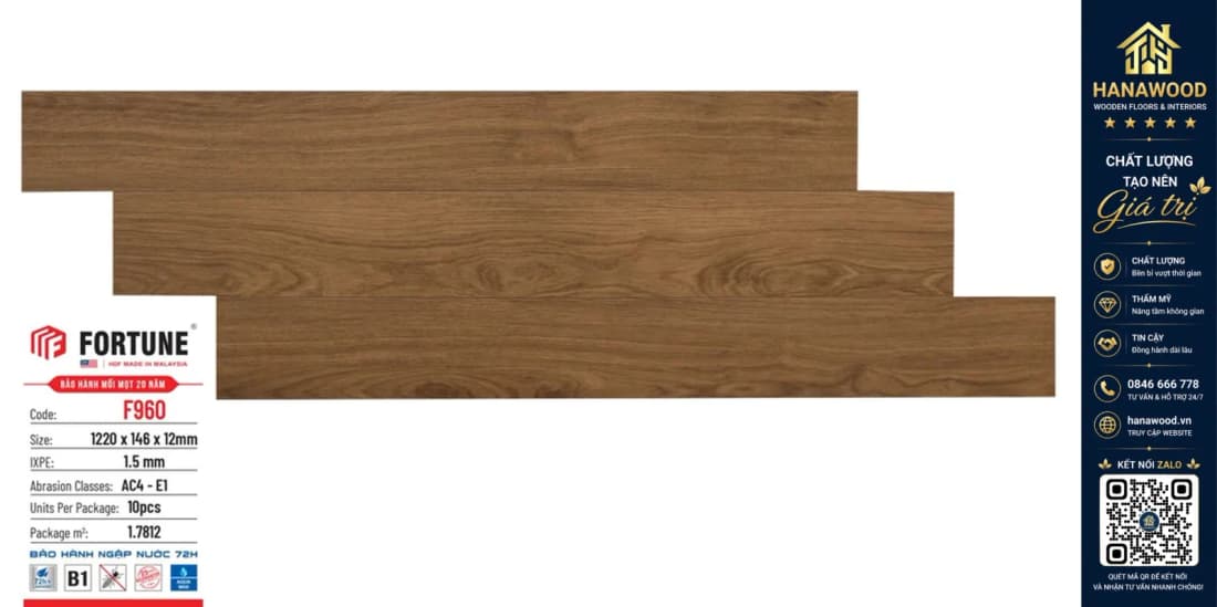 Sàn Gỗ Công Nghiệp Fortune F960 Dày 12mm