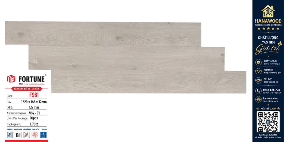 Sàn Gỗ Công Nghiệp Fortune F961 Dày 12mm