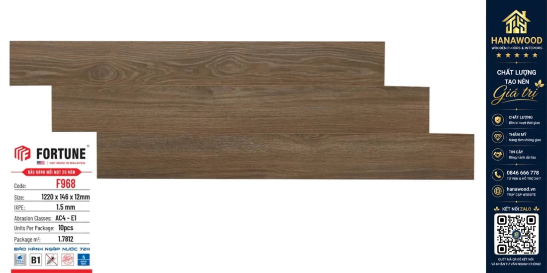 Sàn Gỗ Công Nghiệp Fortune Malaysia F968 Dày 12mm
