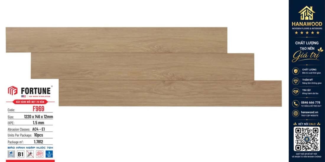 Sàn Gỗ Công Nghiệp Fortune F969 Dày 12mm