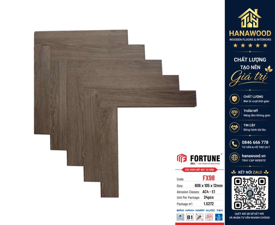 Sàn Gỗ Công Nghiệp Xương Cá Fortune FX98 Dày 12mm