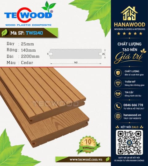 Ván Sàn Đặc Gỗ Nhựa Ngoài Trời Techwood TWS140 Dày 25mm Cedar