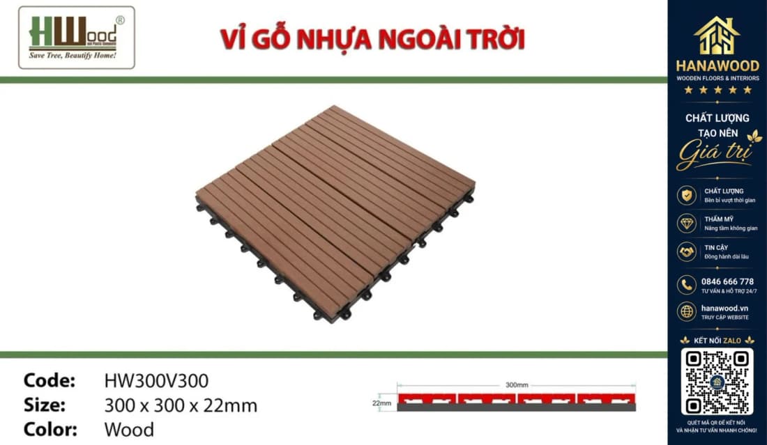 Vỉ gỗ nhựa lót sân vườn ngoài trời Hwood HW300V300