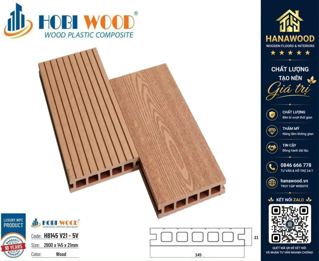 Sàn Ngoài Trời HobiWood 5 Lỗ Vuông HB145 V21-5V Brown