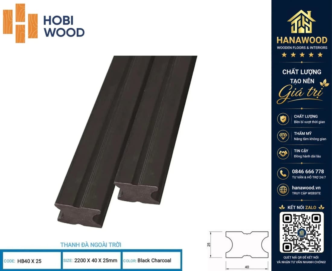 Hình ảnh Xương Đà Nhựa Sàn Gỗ Ngoài Trời Hobiwood HB40X25 Black Charcoal